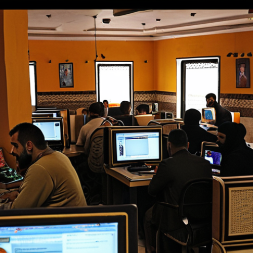 Home 4 **
"A bustling internet cafe in Tripoli, Libya. Diverse Libyans are using computers, some chatting, others engrossed in their screens. The cafe is decorated with a mix of traditional Libyan elements and modern tech accessories. Warm lighting, slightly grainy to evoke a sense of realism."
**
