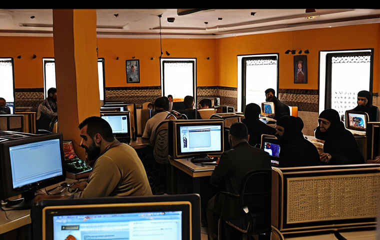 **
"A bustling internet cafe in Tripoli, Libya. Diverse Libyans are using computers, some chatting, others engrossed in their screens. The cafe is decorated with a mix of traditional Libyan elements and modern tech accessories. Warm lighting, slightly grainy to evoke a sense of realism."
**